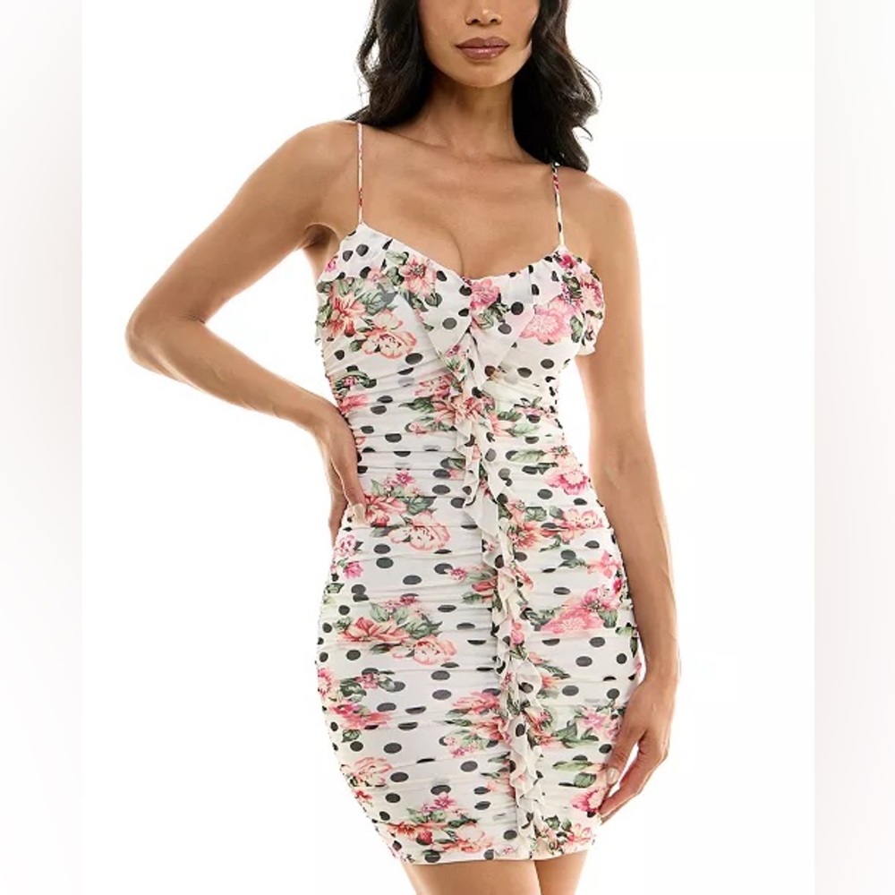 NWT Juniors' Mixed-Print Ruched Ruffled Bodycon Dress - Picture 2 of 4